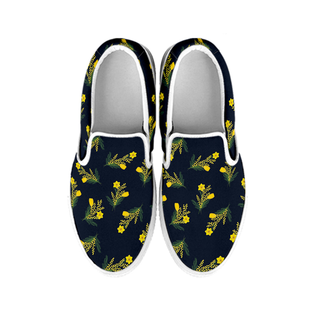 Spring Daffodil Flower Pattern Print White Slip On Shoes