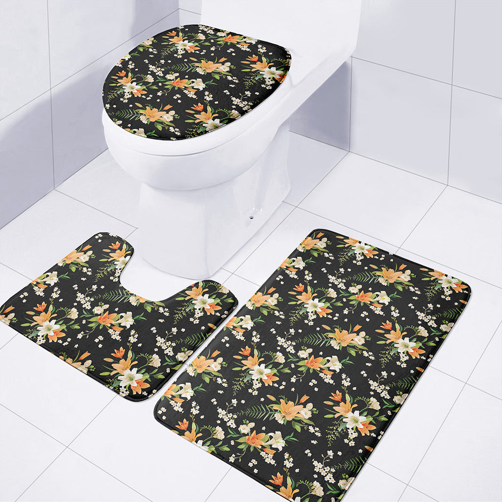Spring Lily Flowers Pattern Print 3 Piece Bath Mat Set