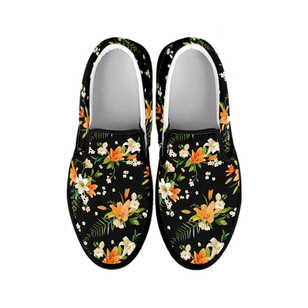 Spring Lily Flowers Pattern Print Black Slip On Shoes