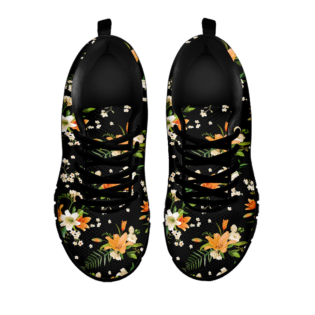 Spring Lily Flowers Pattern Print Black Sneakers