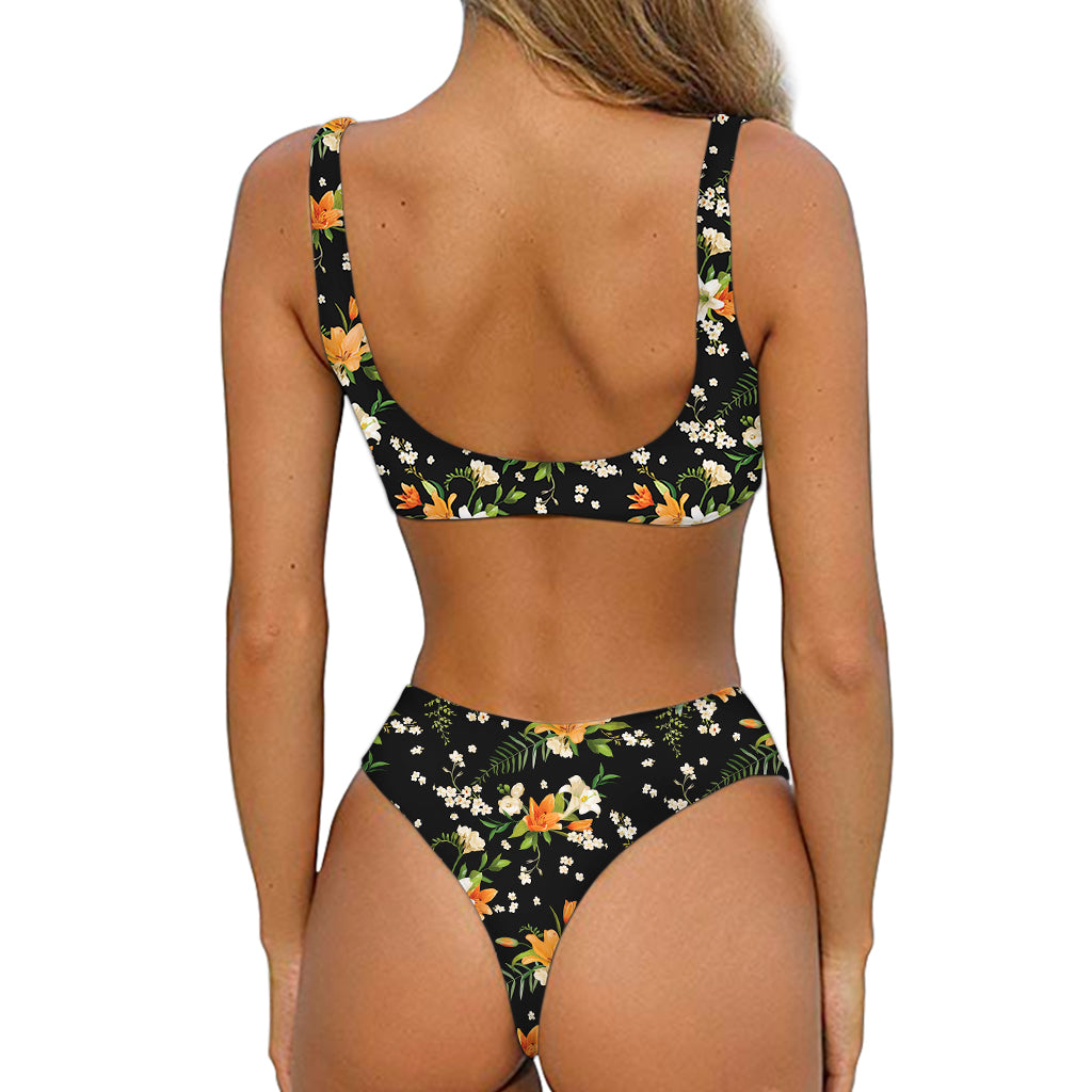 Spring Lily Flowers Pattern Print Front Bow Tie Bikini