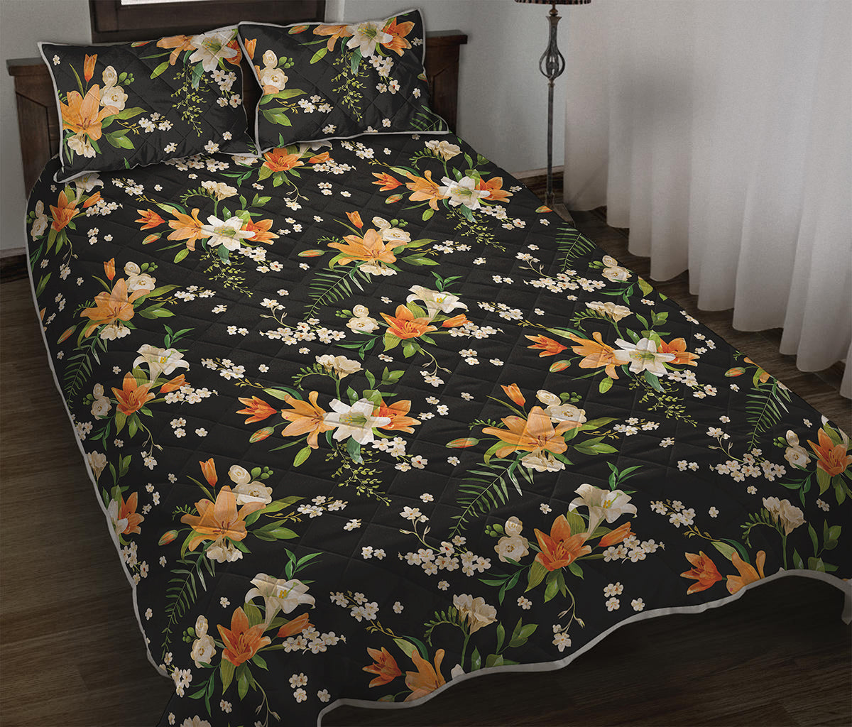 Spring Lily Flowers Pattern Print Quilt Bed Set