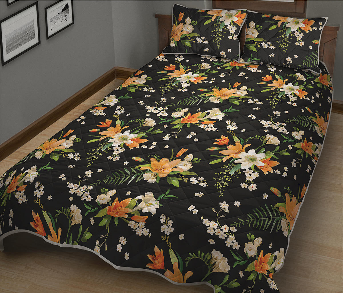 Spring Lily Flowers Pattern Print Quilt Bed Set