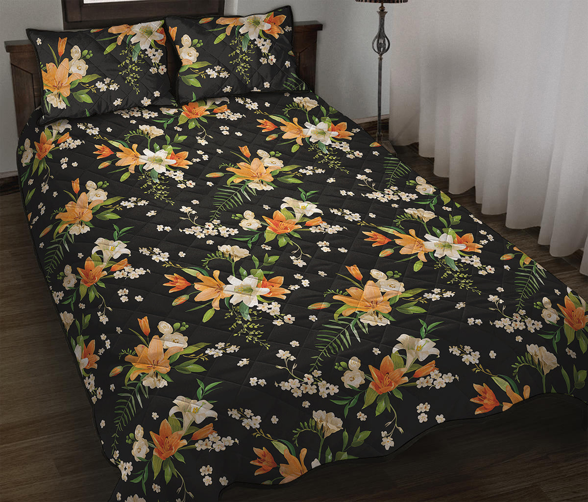 Spring Lily Flowers Pattern Print Quilt Bed Set
