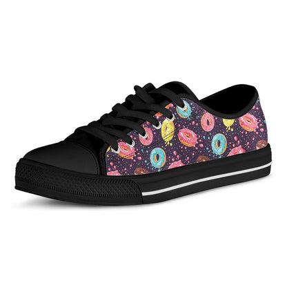 Sprinkles Donut Pattern Print Black Low Top Shoes