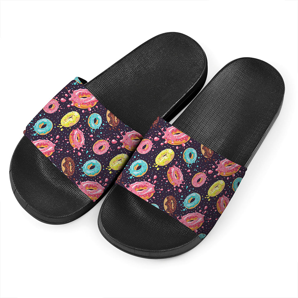 Sprinkles Donut Pattern Print Black Slide Sandals