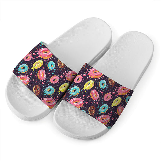 Sprinkles Donut Pattern Print White Slide Sandals