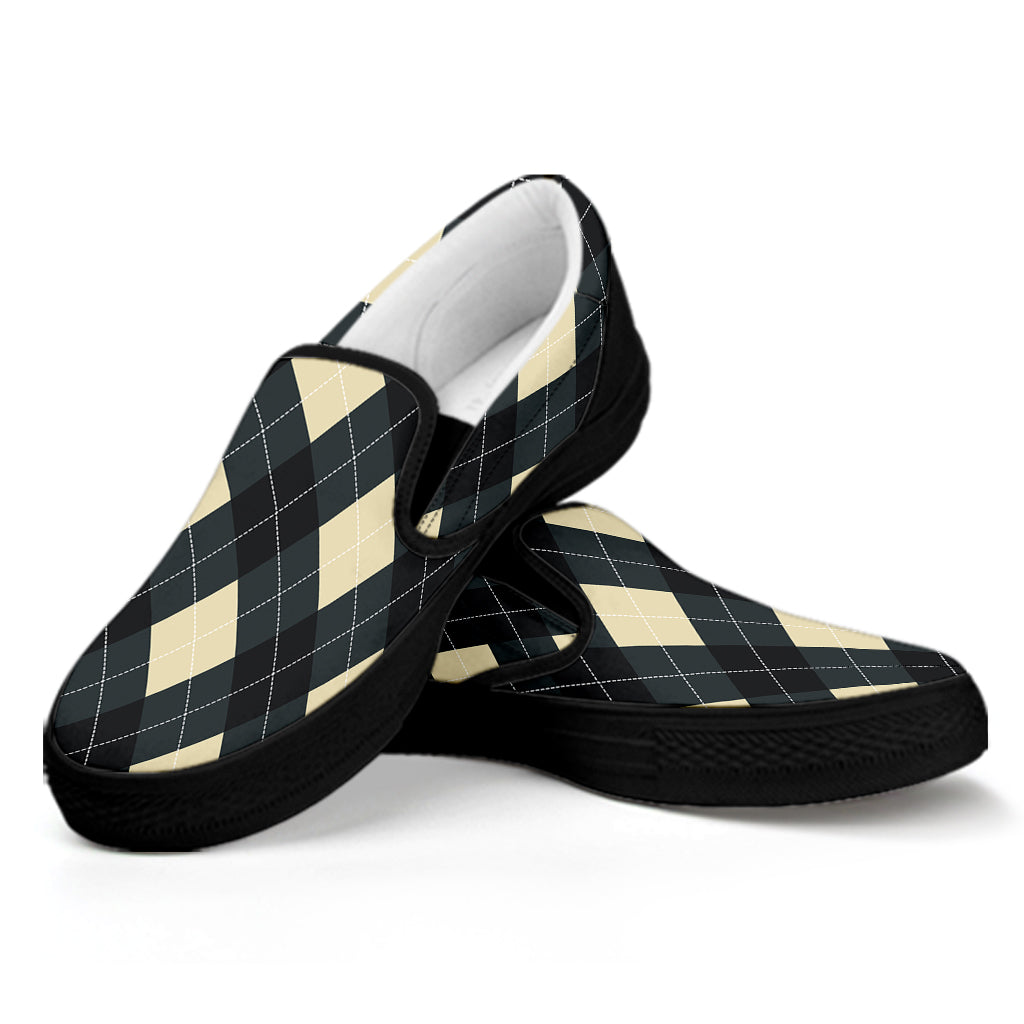 Spruce Blue And Beige Argyle Print Black Slip On Shoes