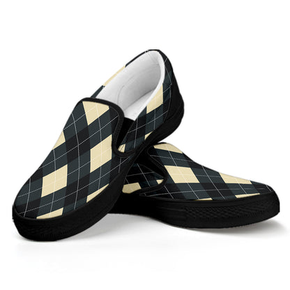 Spruce Blue And Beige Argyle Print Black Slip On Shoes