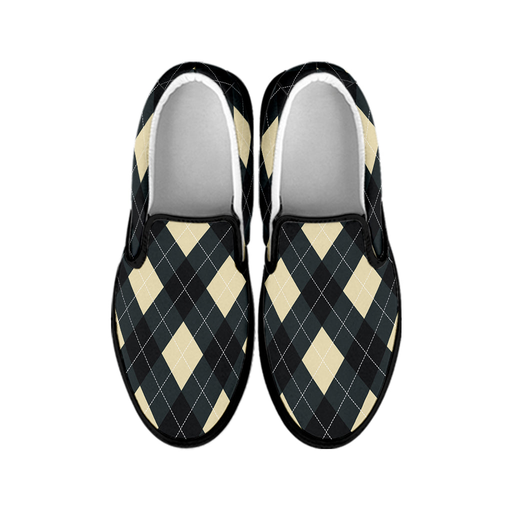 Spruce Blue And Beige Argyle Print Black Slip On Shoes