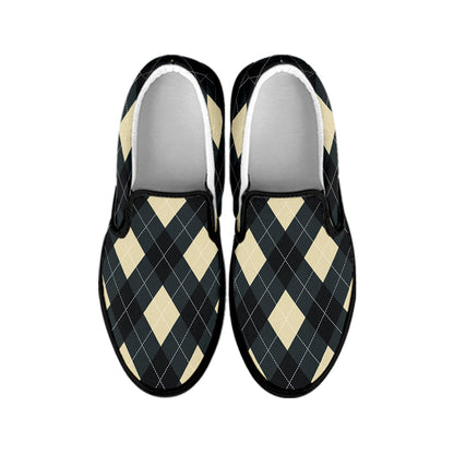 Spruce Blue And Beige Argyle Print Black Slip On Shoes