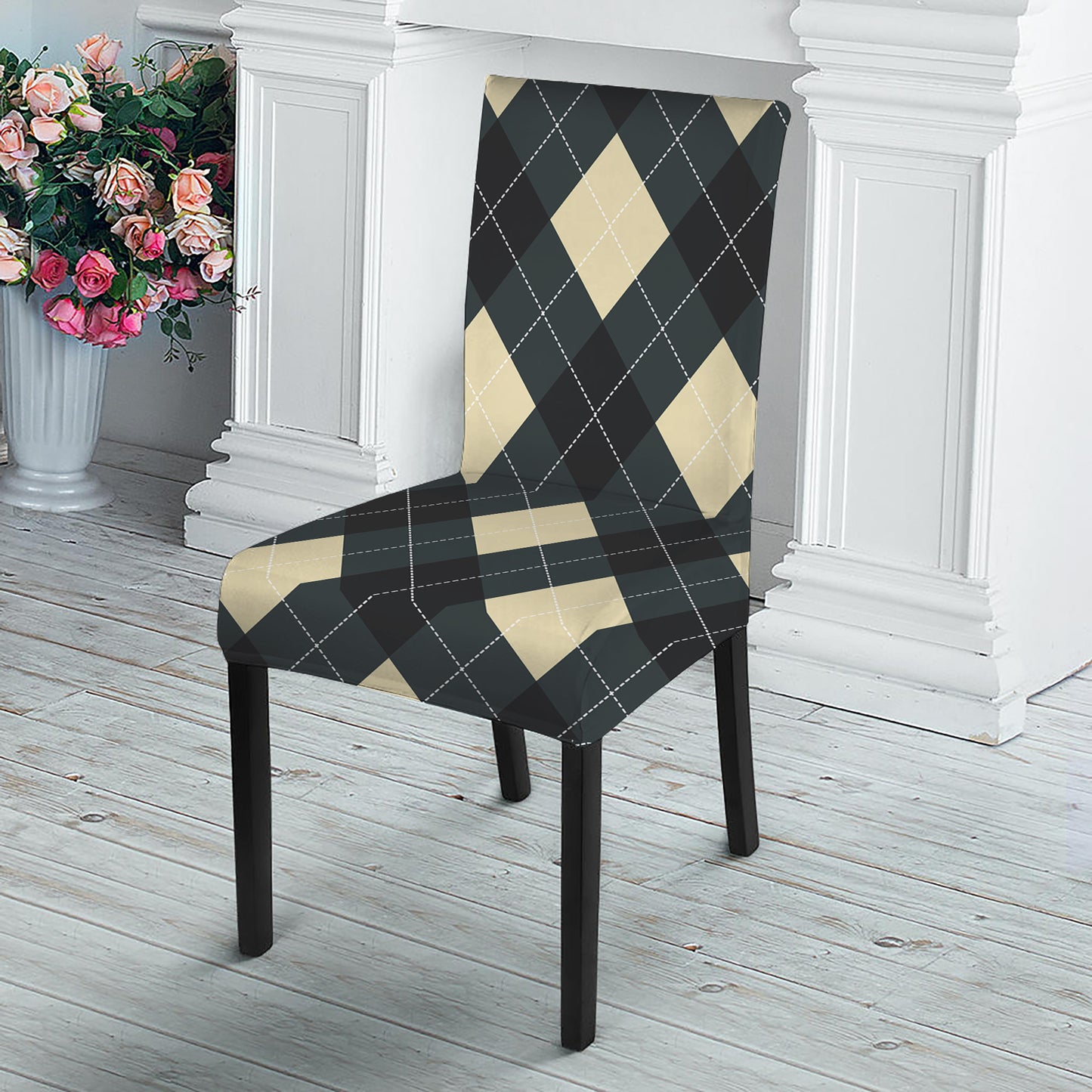 Spruce Blue And Beige Argyle Print Dining Chair Slipcover