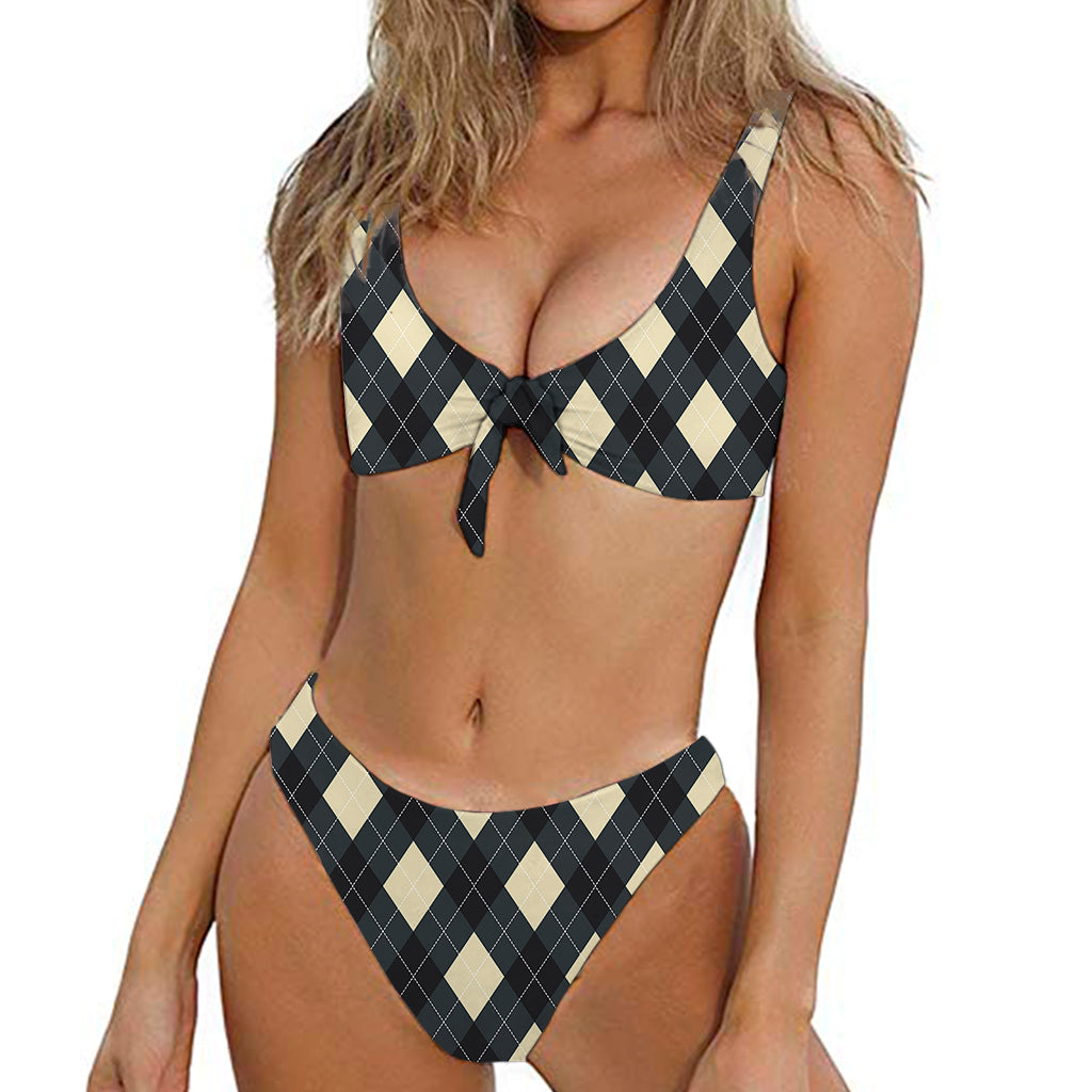 Spruce Blue And Beige Argyle Print Front Bow Tie Bikini