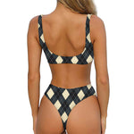 Spruce Blue And Beige Argyle Print Front Bow Tie Bikini