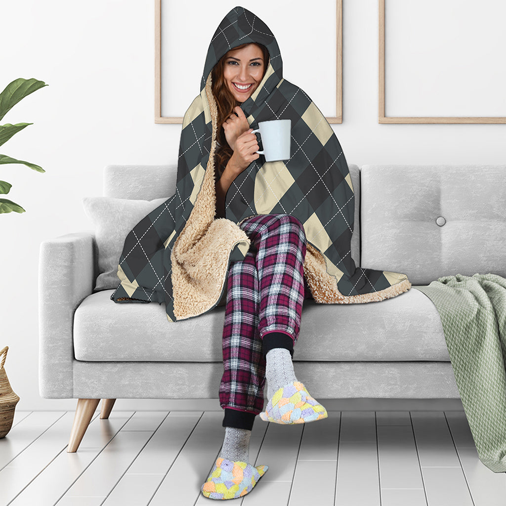 Spruce Blue And Beige Argyle Print Hooded Blanket