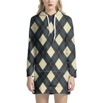 Spruce Blue And Beige Argyle Print Hoodie Dress