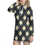 Spruce Blue And Beige Argyle Print Hoodie Dress