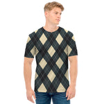 Spruce Blue And Beige Argyle Print Men's T-Shirt