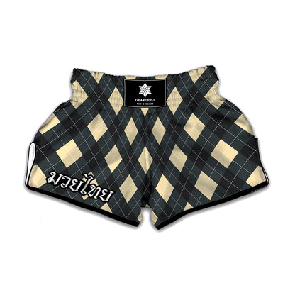Spruce Blue And Beige Argyle Print Muay Thai Boxing Shorts