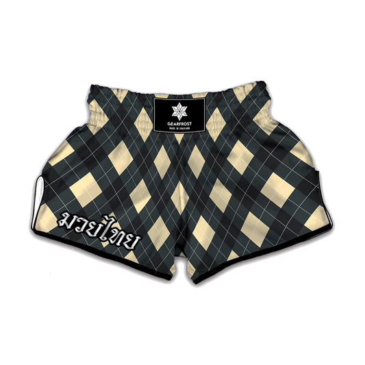 Spruce Blue And Beige Argyle Print Muay Thai Boxing Shorts