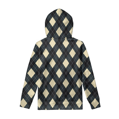 Spruce Blue And Beige Argyle Print Pullover Hoodie