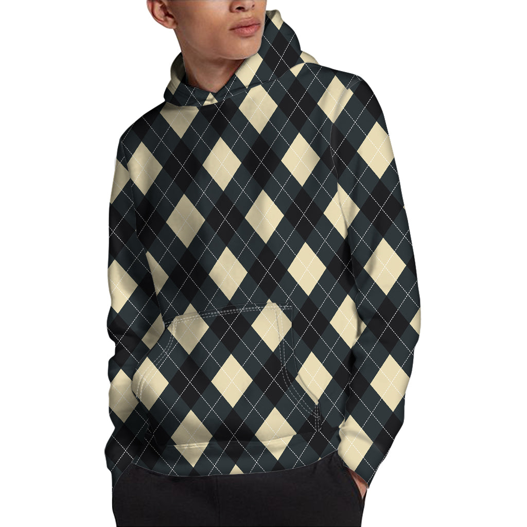 Spruce Blue And Beige Argyle Print Pullover Hoodie