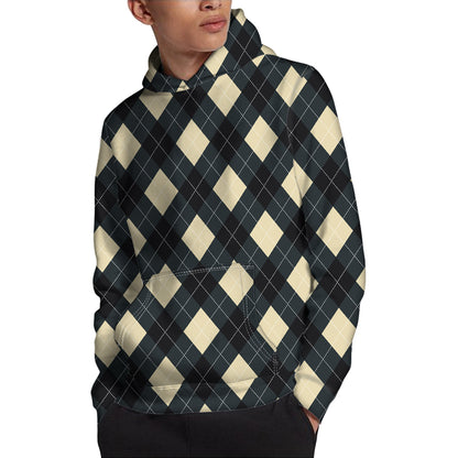 Spruce Blue And Beige Argyle Print Pullover Hoodie