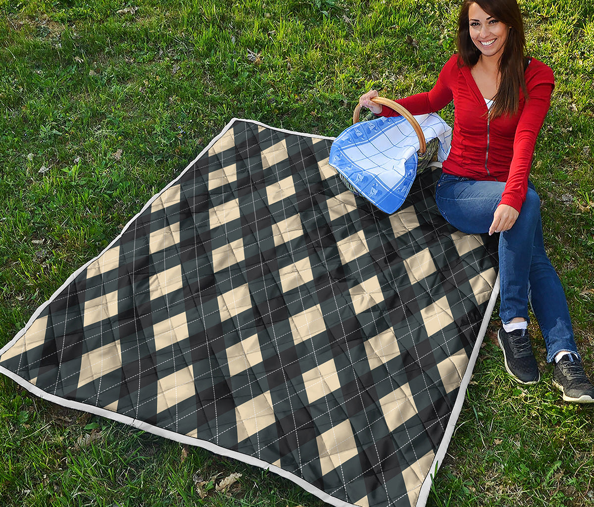 Spruce Blue And Beige Argyle Print Quilt