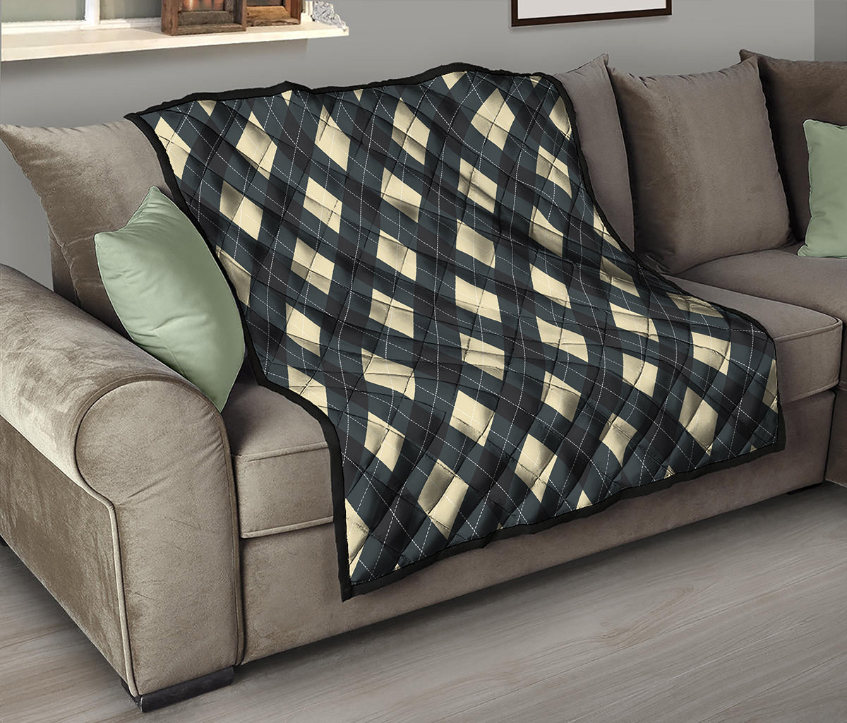 Spruce Blue And Beige Argyle Print Quilt