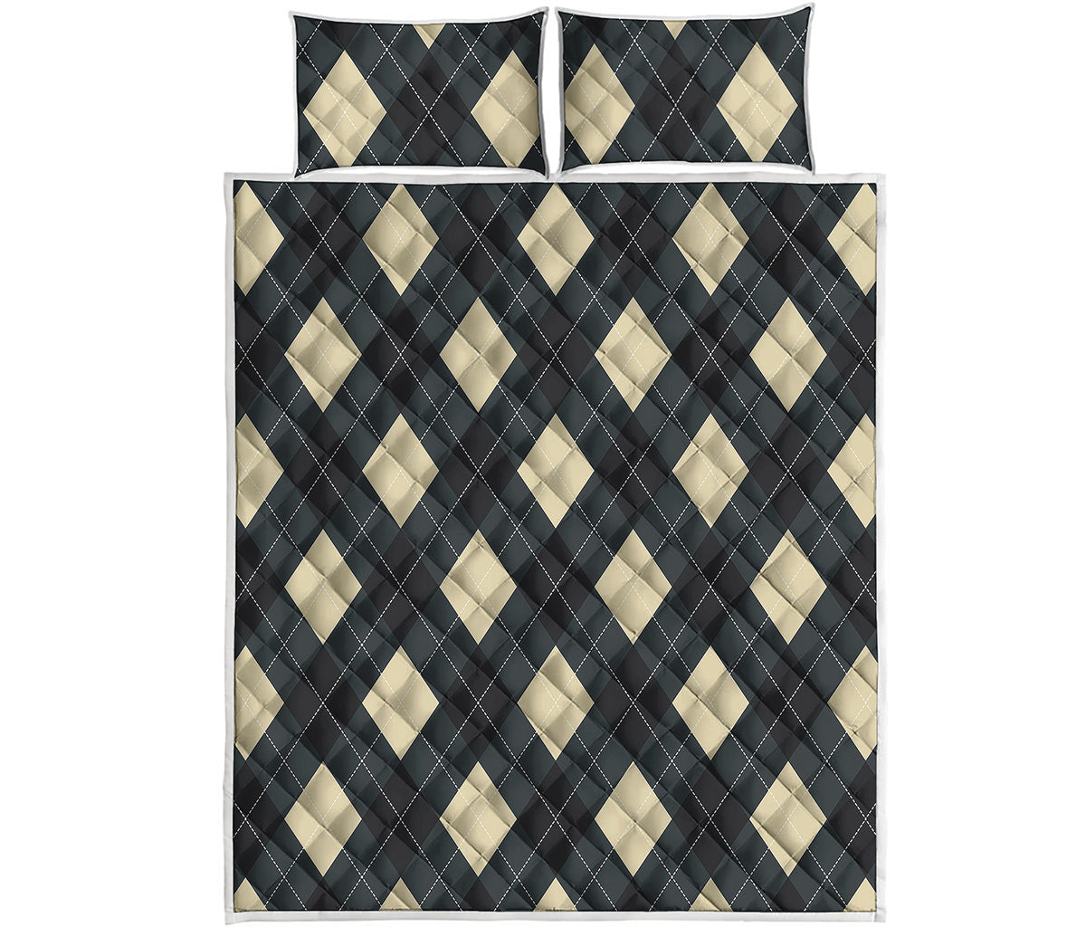Spruce Blue And Beige Argyle Print Quilt Bed Set