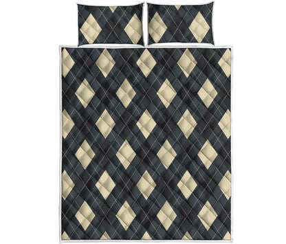 Spruce Blue And Beige Argyle Print Quilt Bed Set