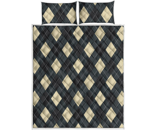 Spruce Blue And Beige Argyle Print Quilt Bed Set