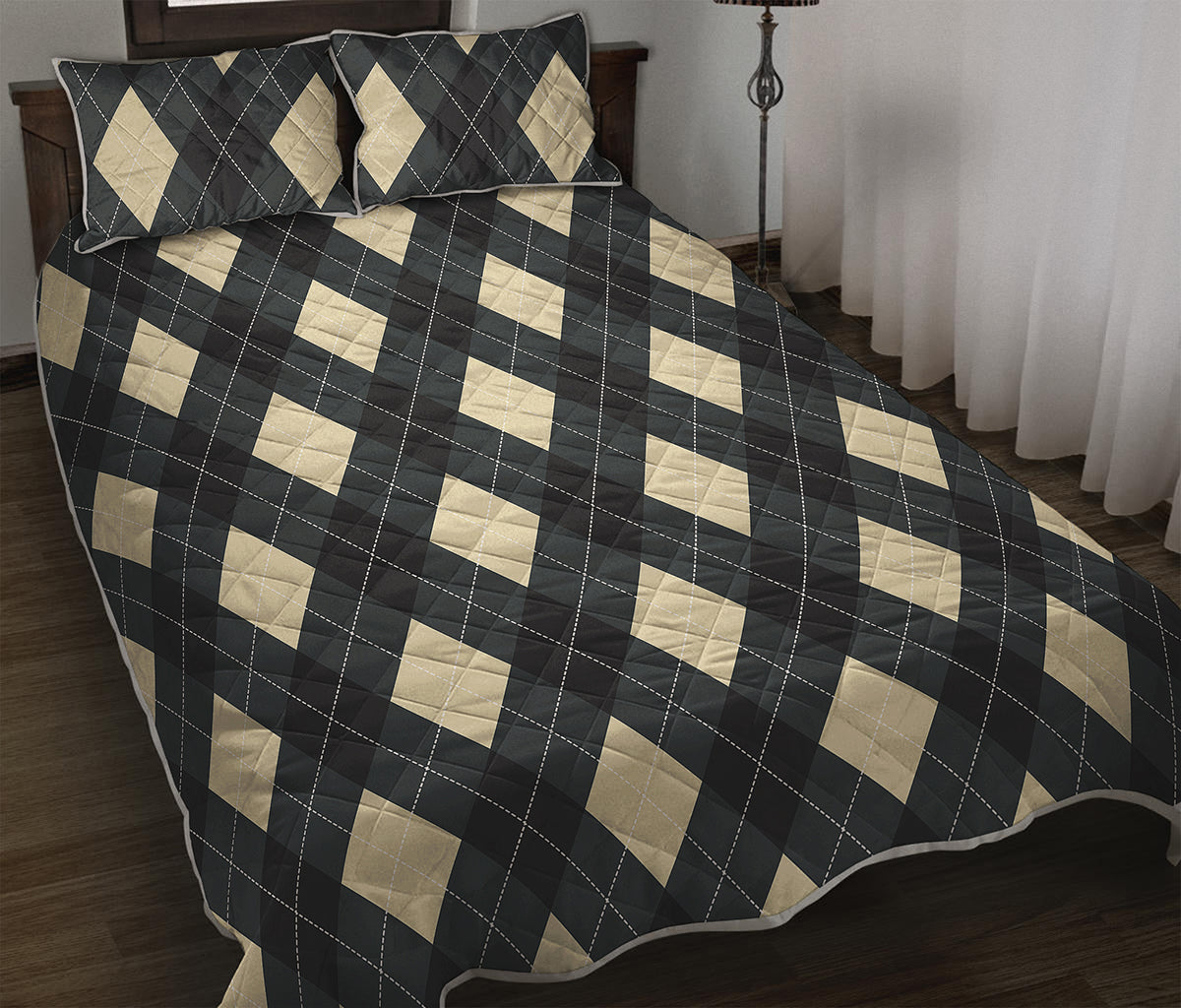 Spruce Blue And Beige Argyle Print Quilt Bed Set