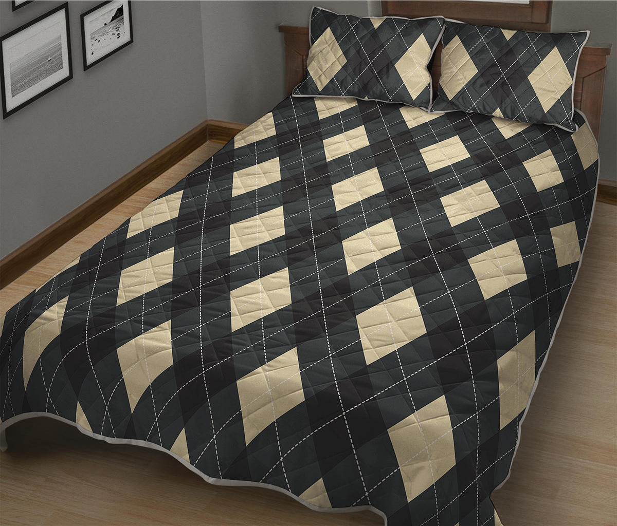 Spruce Blue And Beige Argyle Print Quilt Bed Set