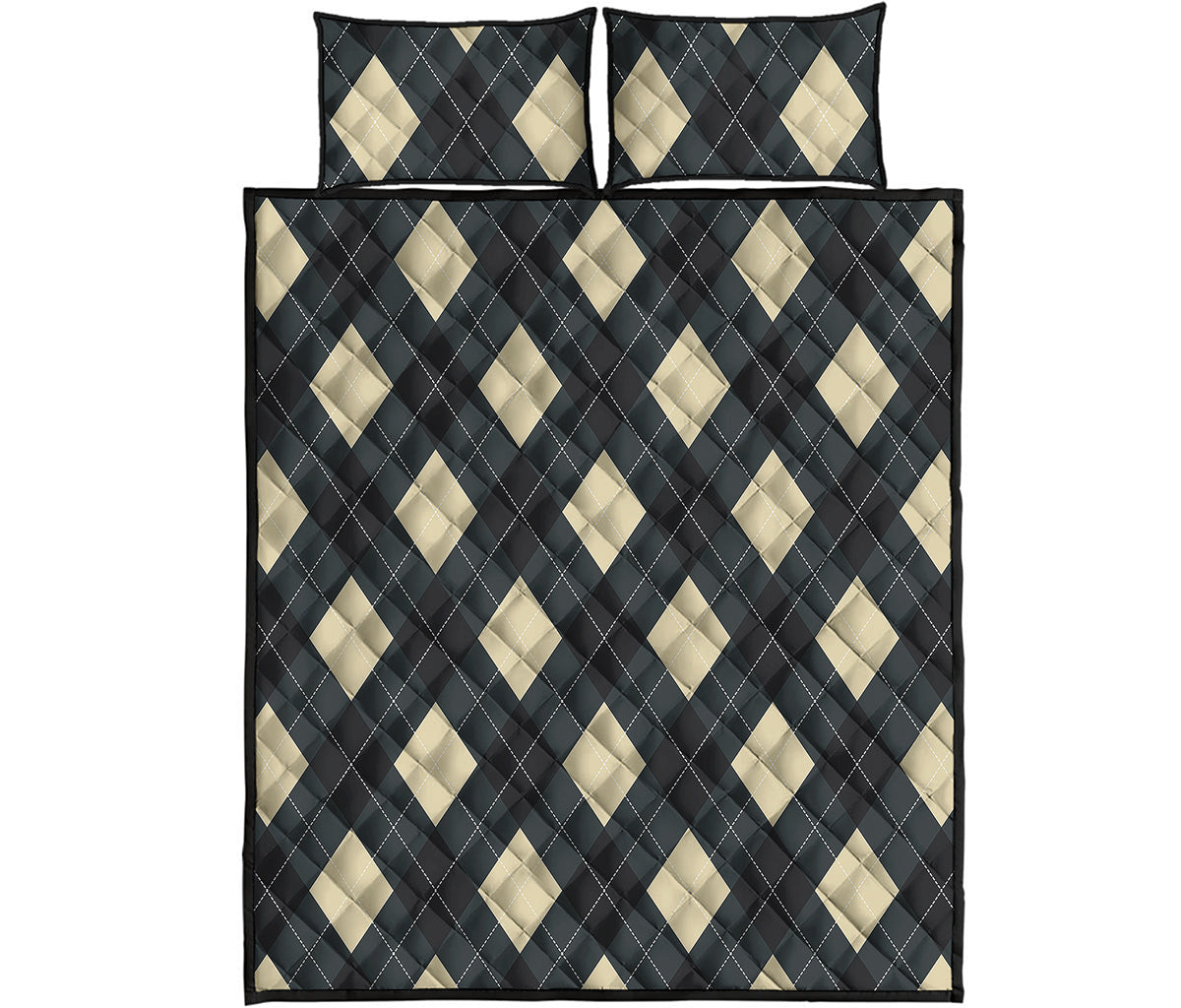 Spruce Blue And Beige Argyle Print Quilt Bed Set