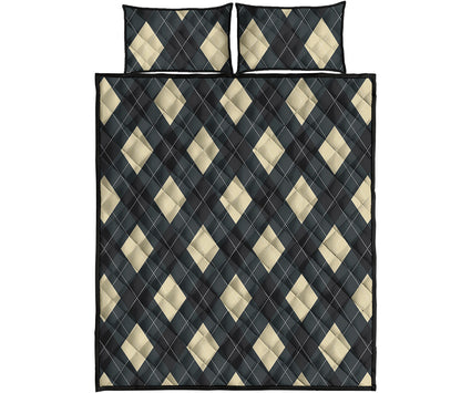 Spruce Blue And Beige Argyle Print Quilt Bed Set