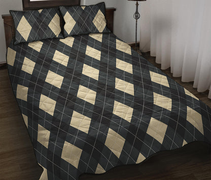 Spruce Blue And Beige Argyle Print Quilt Bed Set