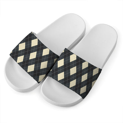 Spruce Blue And Beige Argyle Print White Slide Sandals