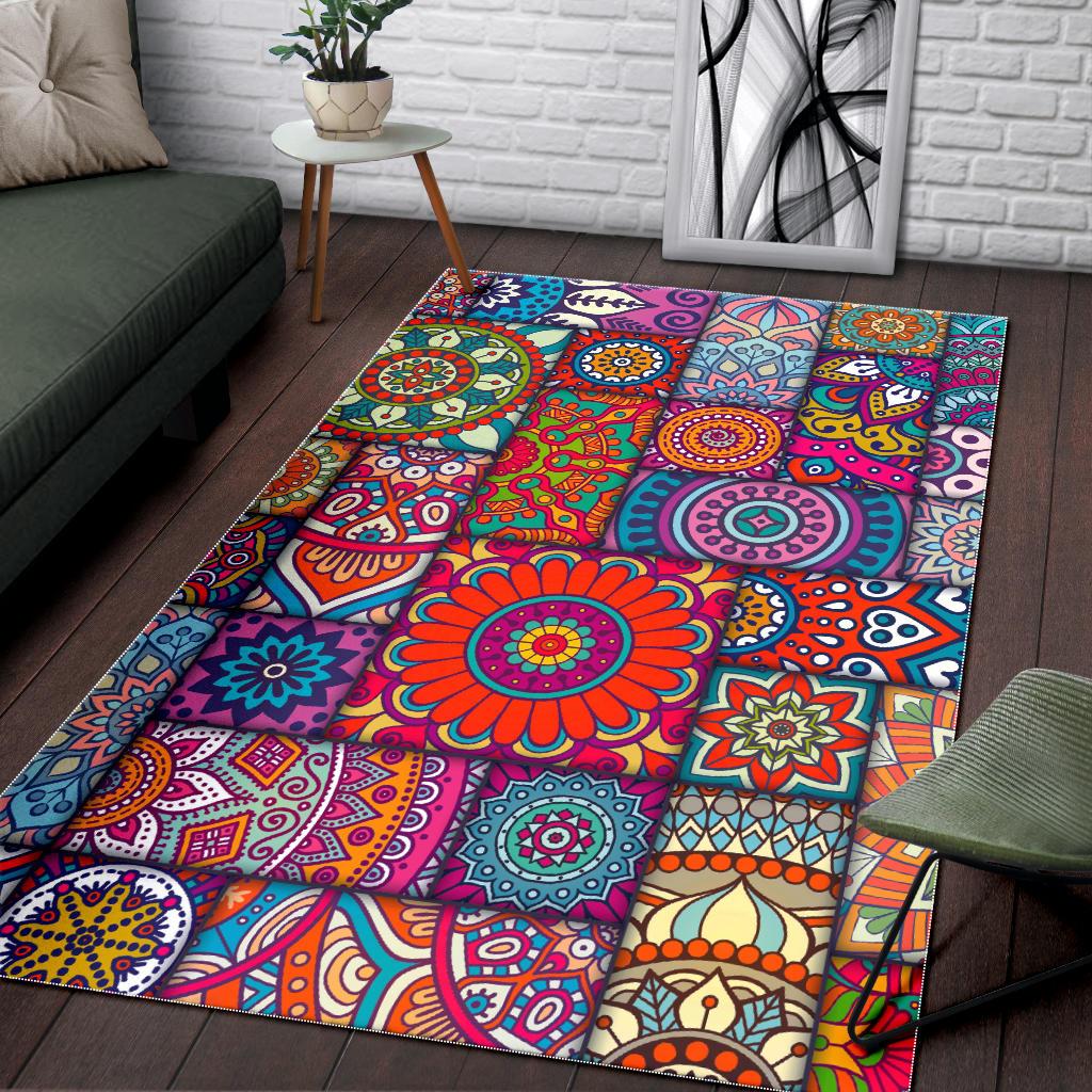 Square Bohemian Mandala Patchwork Print Area Rug GearFrost