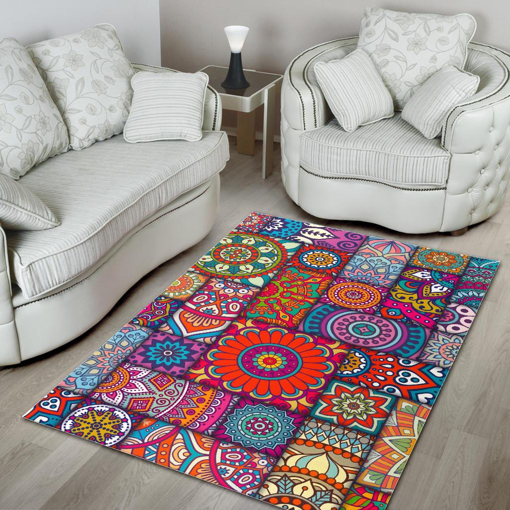 Square Bohemian Mandala Patchwork Print Area Rug GearFrost