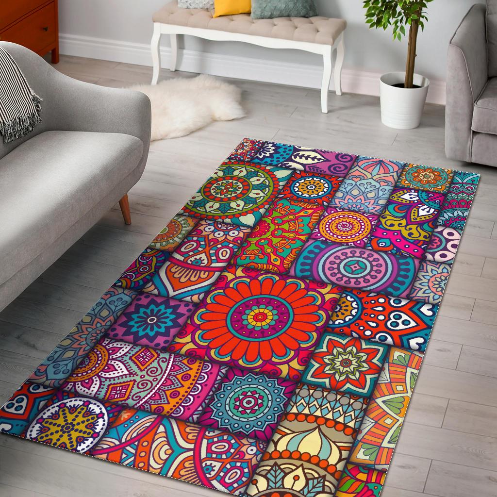 Square Bohemian Mandala Patchwork Print Area Rug GearFrost