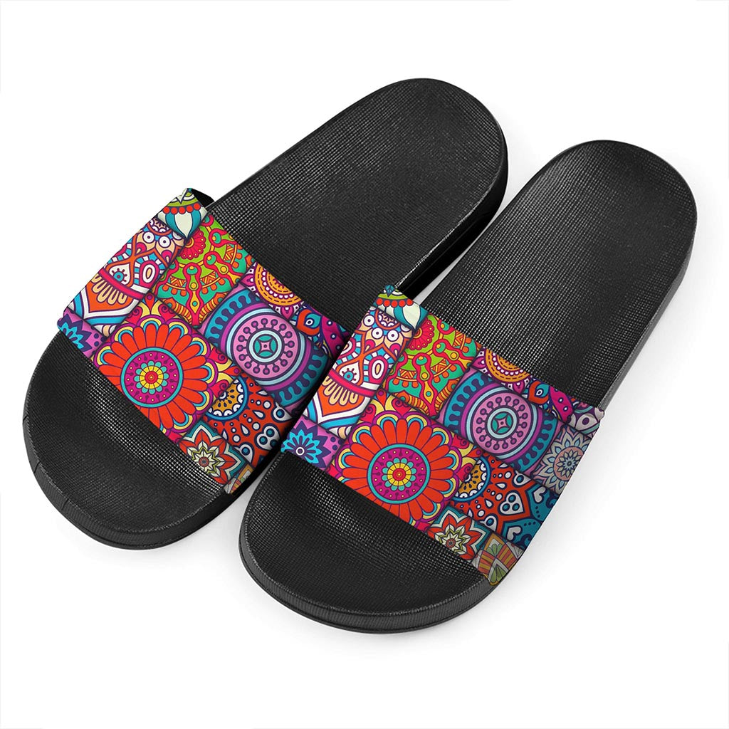 Square Bohemian Mandala Patchwork Print Black Slide Sandals