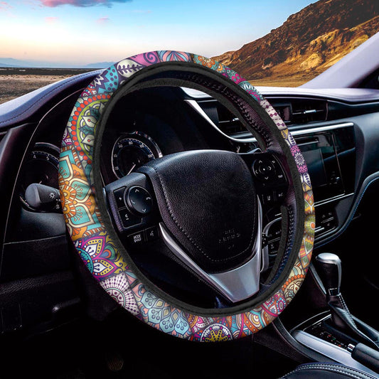 Square Bohemian Mandala Patchwork Print Car Steering Wheel Cover
