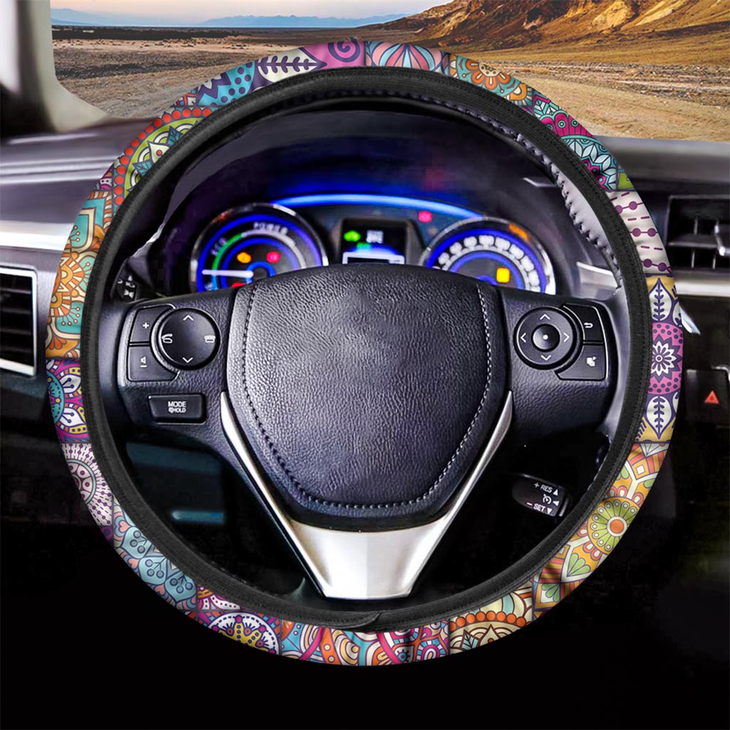 Square Bohemian Mandala Patchwork Print Car Steering Wheel Cover