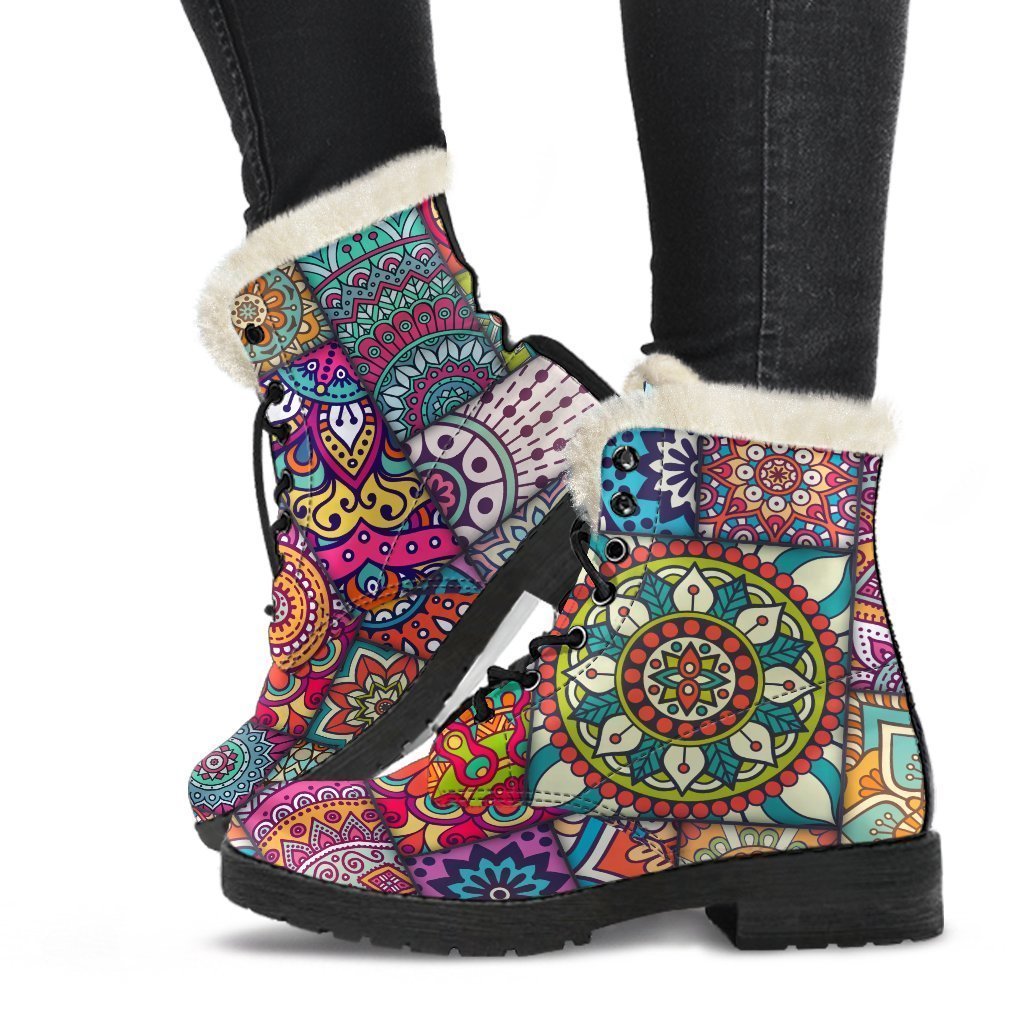 Square Bohemian Mandala Patchwork Print Comfy Boots GearFrost
