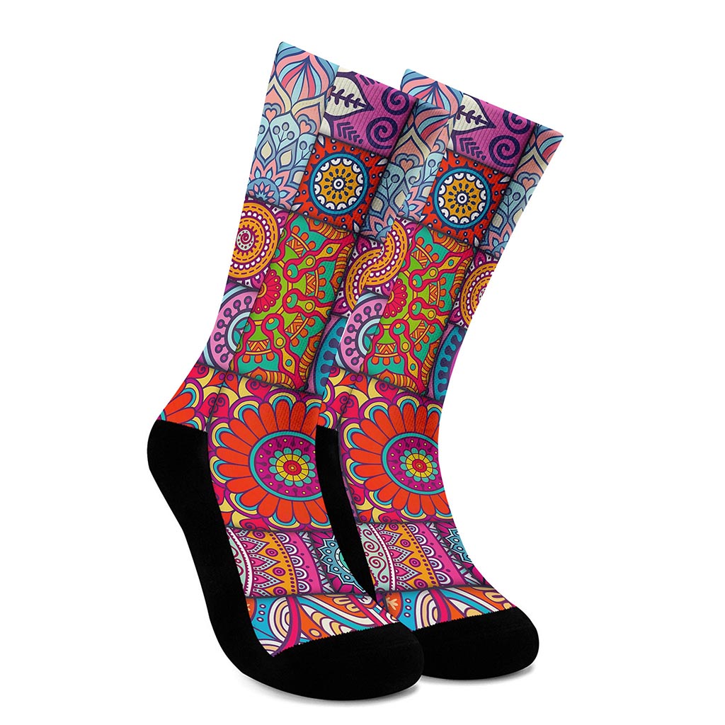 Square Bohemian Mandala Patchwork Print Crew Socks