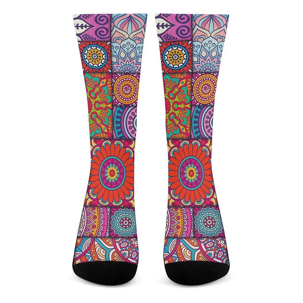 Square Bohemian Mandala Patchwork Print Crew Socks