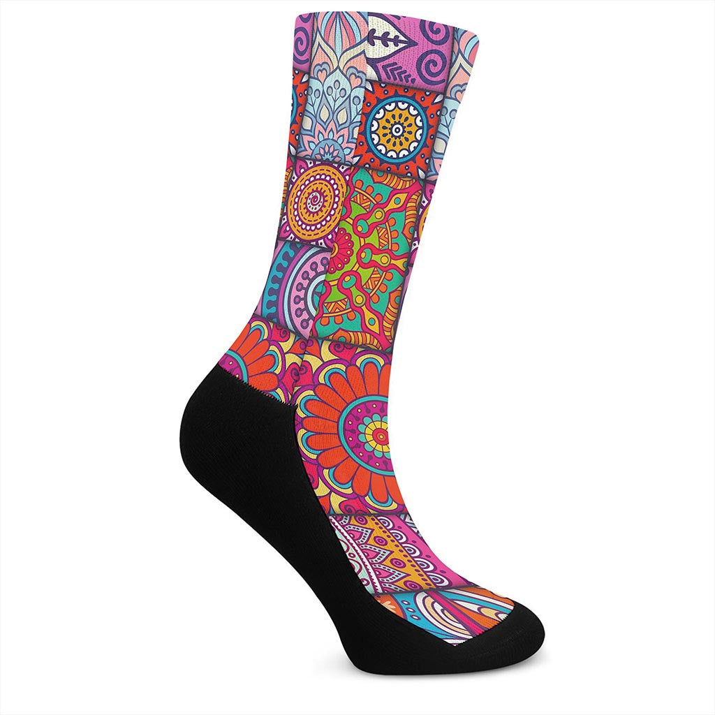 Square Bohemian Mandala Patchwork Print Crew Socks