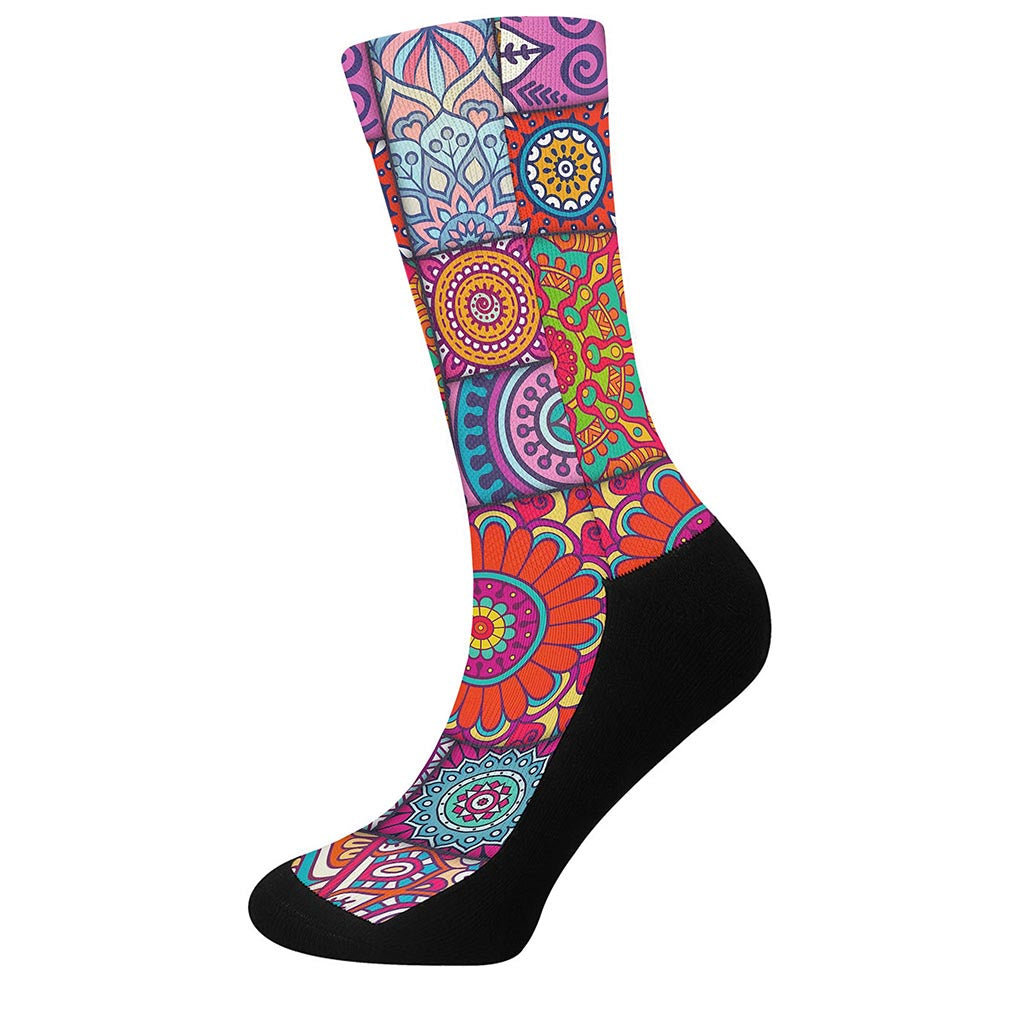 Square Bohemian Mandala Patchwork Print Crew Socks