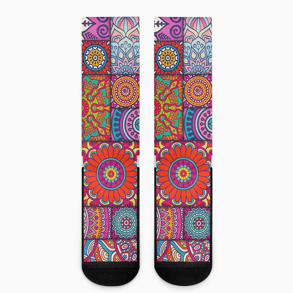Square Bohemian Mandala Patchwork Print Crew Socks